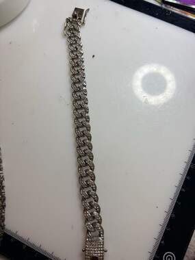 Silver Tone Iced Out Cuban Link Bracelet with Rhinestones
